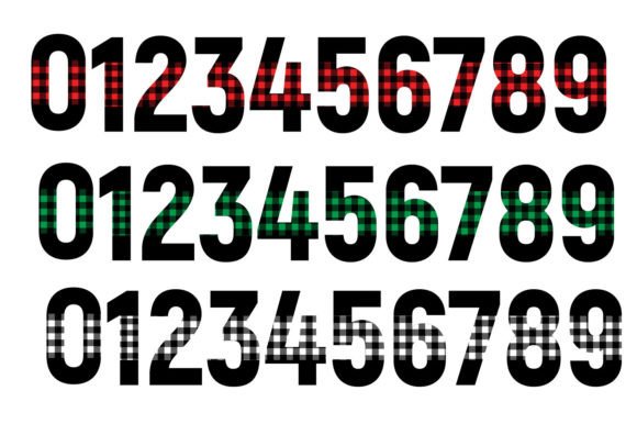 Numbers 0-9 with buffalo plaid pattern in red, green, and black, repeated in three rows.