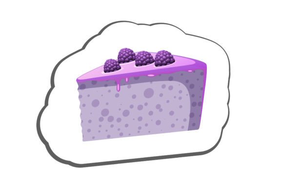 Illustration of a purple cake slice with berries on top, surrounded by a cloud-shaped outline.