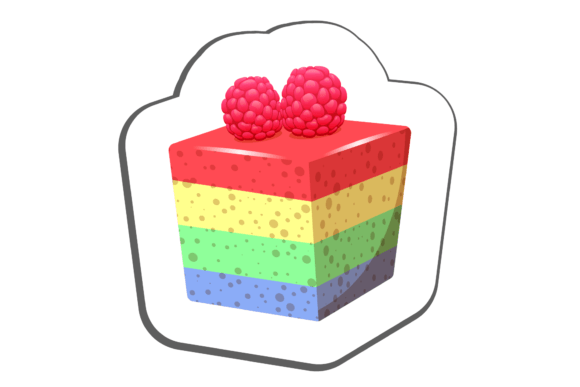 Rainbow cake slice with raspberries on top, outlined in white.