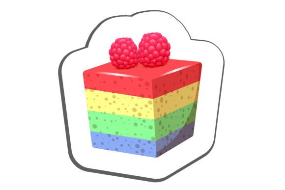 Rainbow cake slice topped with raspberries, white outline.
