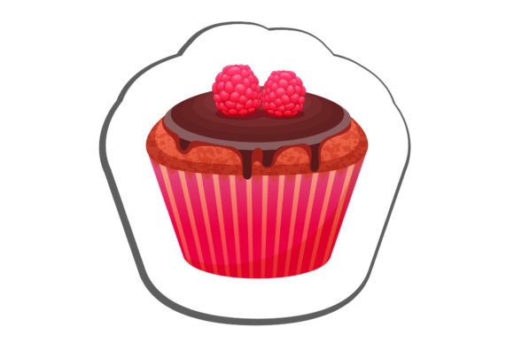 Sticker of a cupcake with chocolate icing and two raspberries on top.