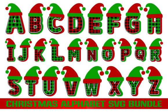 Festive Christmas alphabet letters with plaid patterns and Santa hats for Cricut projects.