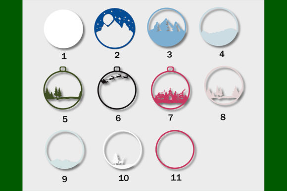 11 individual SVG layers for a Christmas ornament design, featuring various elements like mountains, trees, and Santa's sleigh for Cricut.