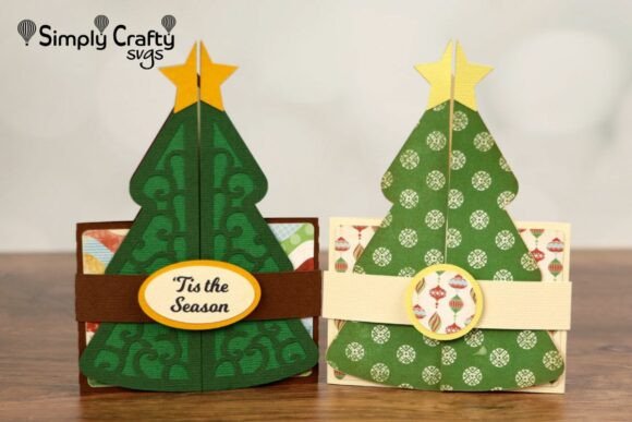Two Christmas tree-shaped cards with star tops, one with green swirls and 'Tis the Season' label.