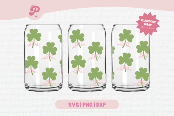 Green clover pattern on glass cans, suitable for Cricut projects.