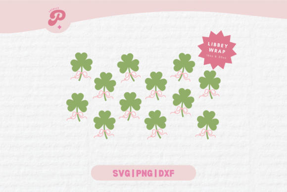 Green clover SVG design with pink bows, ideal for Cricut projects.