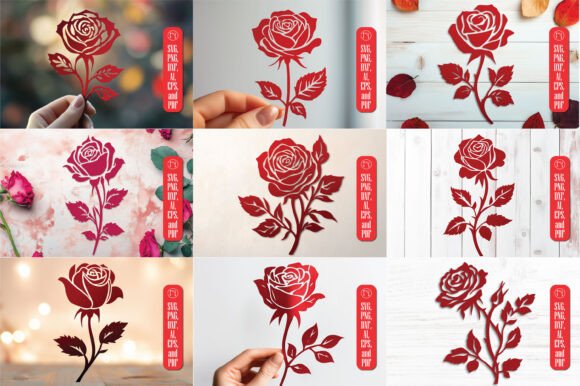 Collage of nine red rose cutout designs held against various backgrounds.