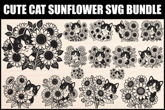 Black and white SVG designs of cats peeking through sunflowers on a wood background.
