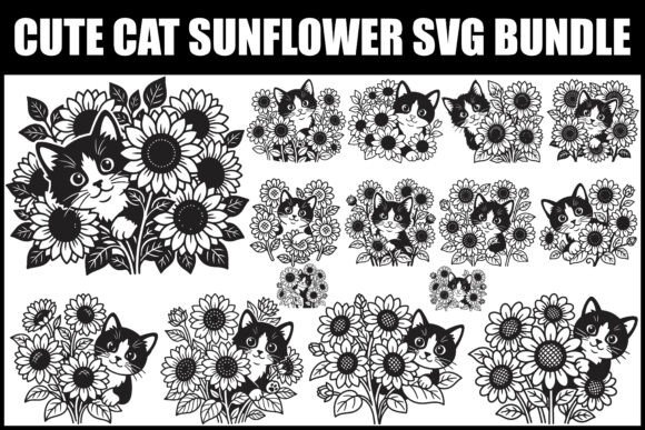 Black and white SVG designs of cats among sunflowers on a white background.