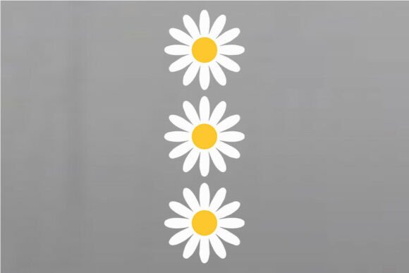 Three white daisies with yellow centers arranged vertically on a gray background.
