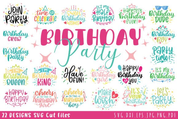 Colorful birthday party SVG files perfect for Cricut crafts