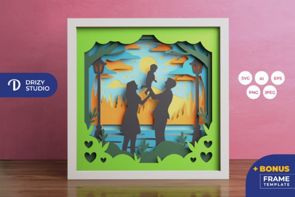 3D shadow box SVG design with Mom, Dad, and Baby, perfect for Cricut projects