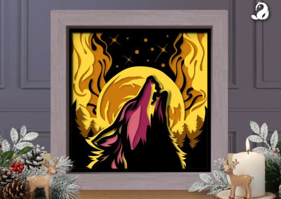 3D wolf howling at moon shadow box SVG for Cricut projects