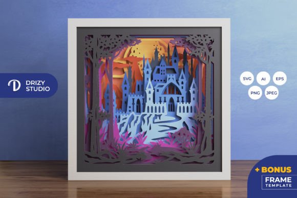 3D shadow box design of a castle on a hill for Cricut projects