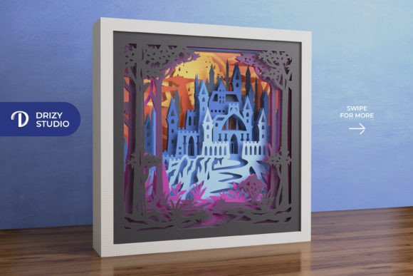 Intricate SVG of a castle on a hill for shadow box crafting