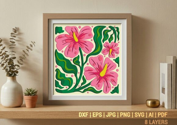Cricut-friendly SVG of pink hibiscus in 3D shadow box style