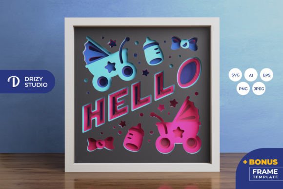 3D shadow box SVG design for a HELLO Baby Shower, perfect for Cricut projects