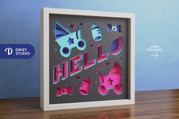 Intricate HELLO Baby Shower shadow box SVG file for crafting with Cricut