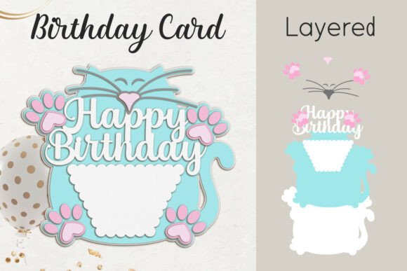 Layered cat-themed birthday card SVG for Cricut