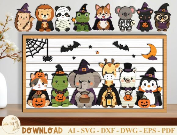 Halloween-themed animal shadow box design featuring multiple layers for a 3D effect
