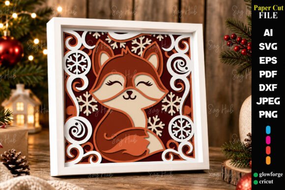 Preview of a Christmas fox shadow box SVG with winter scenes