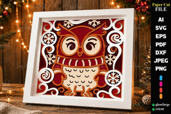 Preview of a Christmas owl shadow box SVG with layered holiday details