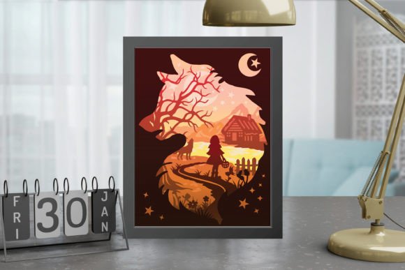 Wolf shadow box design template featuring detailed layers