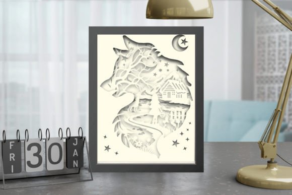 Preview of a wolf shadow box SVG template with intricate layers