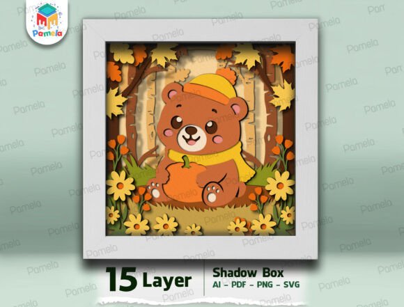 Autumn-themed bear shadow box with layered fall leaves