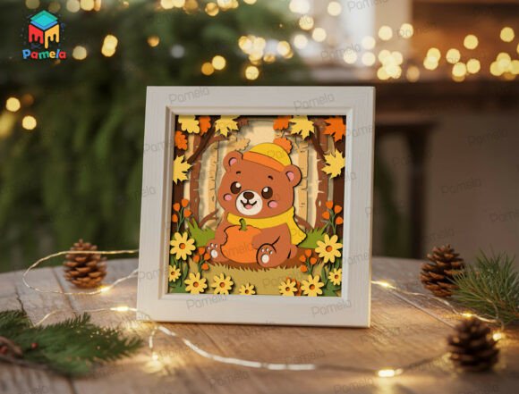Preview of an autumn bear shadow box SVG with creative leaf layers