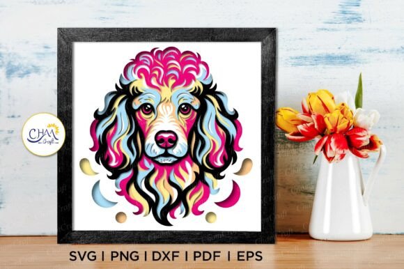 Preview of a 3D poodle dog shadow box SVG with intricate layers