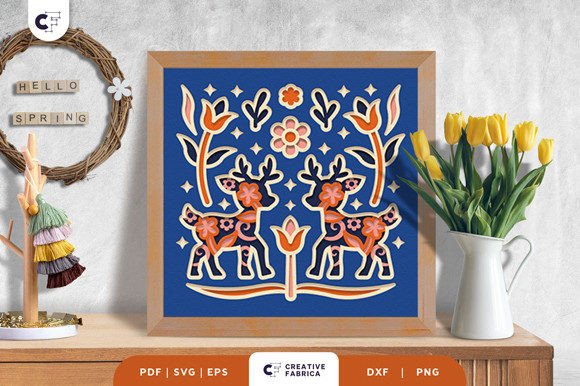 Folk art-inspired deer shadow box with 3D layered elements