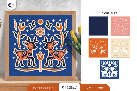 Preview of a folk deer shadow box SVG with intricate folk art layers
