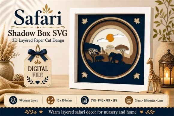 Safari-themed shadow box design with circular elements