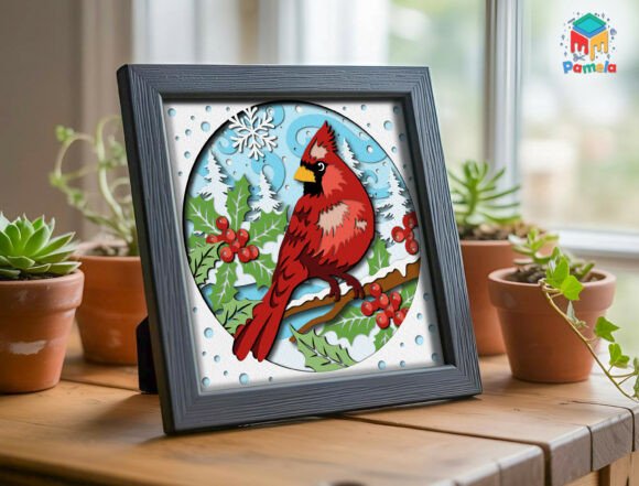 Round shadow box SVG featuring a cardinal bird for Cricut use
