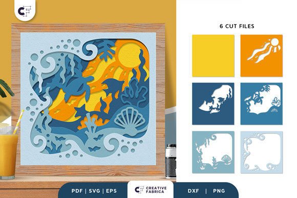 Preview of a sea animal shadow box SVG with layered paper cuts