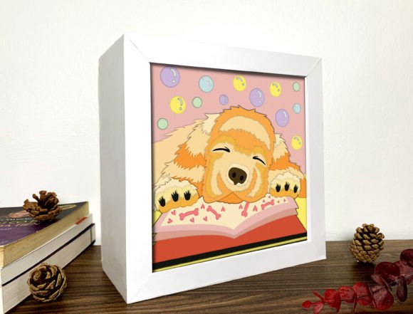 Preview of a cute dog shadow box SVG with playful layers