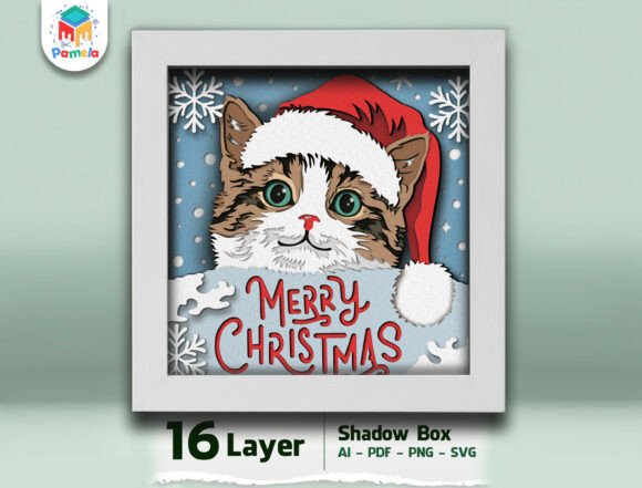 Christmas-themed cat shadow box with festive layered details