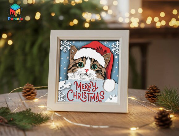 Preview of a Christmas cat shadow box SVG with holiday layers