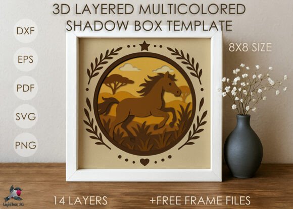 Horse shadow box template design with detailed layers