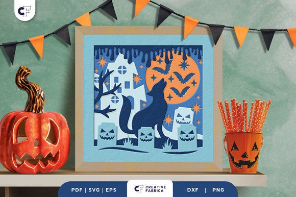 Halloween-themed wolf shadow box with layered spooky details