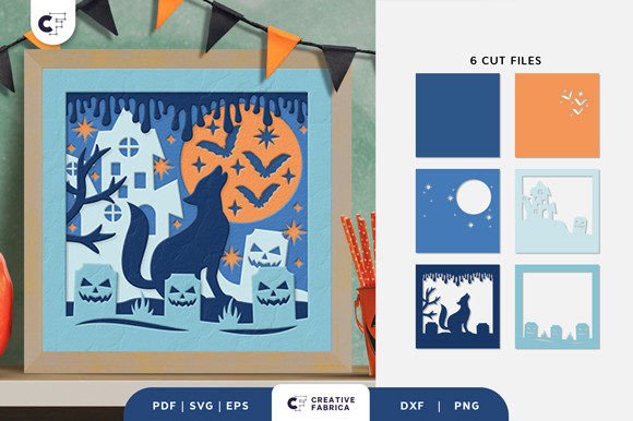 Preview of a Halloween wolf shadow box SVG with eerie layers