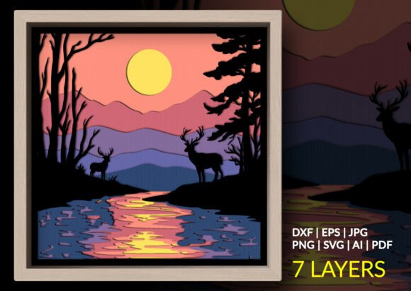 Cricut-friendly SVG of a deer by a lake at sunset for shadow box projects