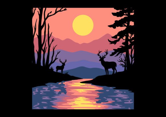 SVG file depicting a sunset with a deer by a lake, perfect for Cricut shadow boxes