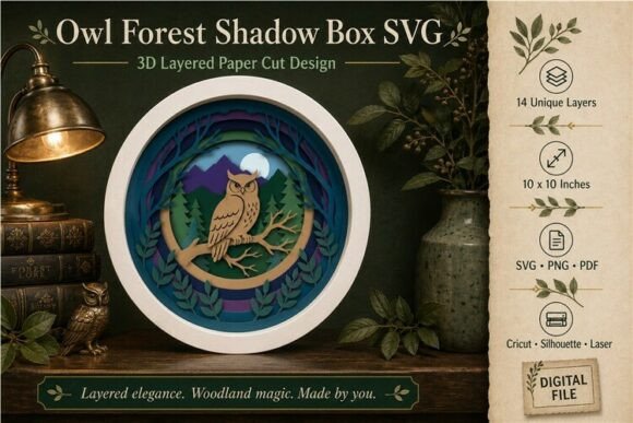 Owl forest shadow box with detailed 3D paper cut elements