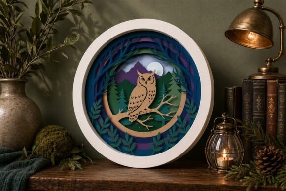 Preview of an owl forest shadow box SVG with layered paper cuts