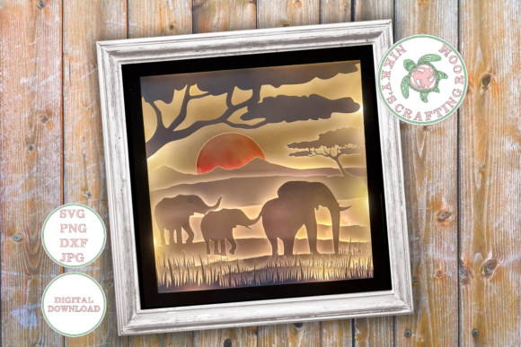 Elephant shadow box template featuring detailed 3D layers