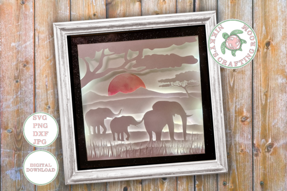 Preview of an elephant shadow box SVG template with intricate layers