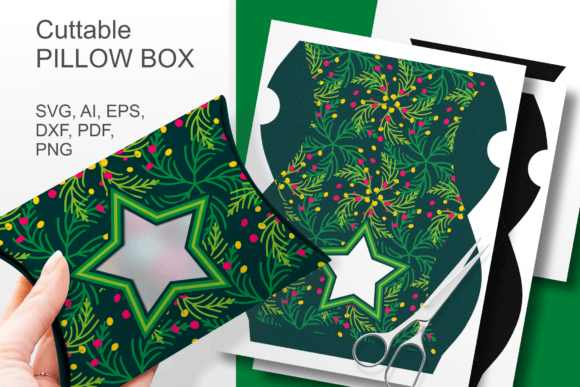 SVG of a green Christmas star window pillow box, ideal for Cricut