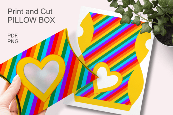 Yellow heart rainbow pillow box SVG with window design